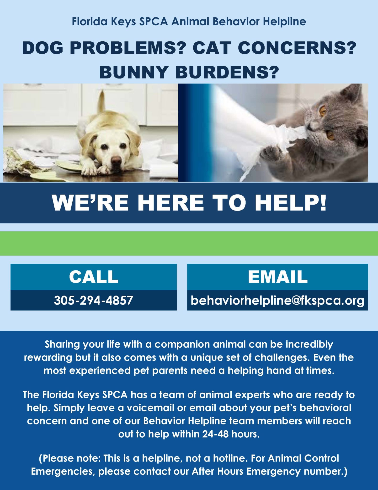 Florida Keys SPCA Animal Behavior Helpline Flyer | Florida Keys SPCA